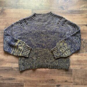 Lovestitch Marled Knit Sweater Gray Yellow Pullover Distressed Detail
